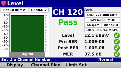 Link Channel (PLC) frequency and a bar graph for the level of the selected digital OFDM channel Provides Pass/Fail results