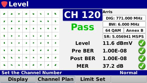 1 OFDM Channel Provides Markers for closer inspection of individual carriers, which include the start/stop frequency of the
