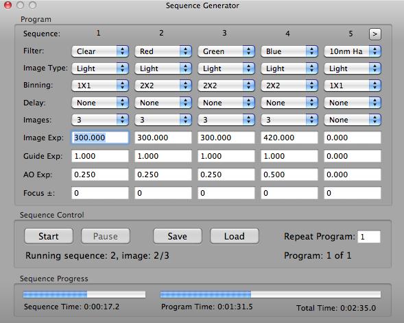 Sequence Generator The Sequence Generator is displayed from the View menu. This panel allows you to program a sequence of exposures, filter changes and other options.