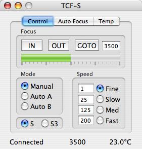 Optec Focuser Connect to the Optec TCF focuser from the Focuser menu. The focuser is cabled to your Mac by means of a USB/Serial adaptor and the Optec PC serial port converter and cable.