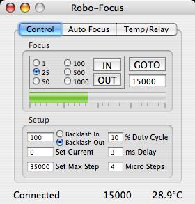 Robo-Focus Focuser Connect to the Robo-Focus focuser from the Focuser menu. The focuser is connected to your Mac by means of a USB/Serial adaptor and the RS-232 connecting cable.