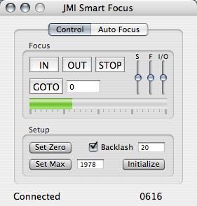 JMI Smart Focus Connect to the JMI Smart Focus from the Focuser menu. The focuser is connected to your Mac by means of a USB/Serial adaptor and the RS-232 connecting cable.