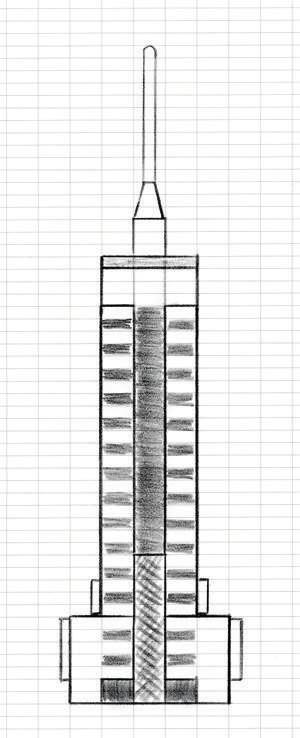 Here, I ve drawn in the main entrance, shaded an indent near the top of the tower, and added the shape of the channel that runs vertically up the center of the building.