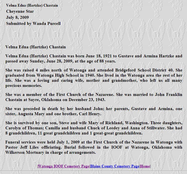 Obituary of Velma Edna (Hartzke) Chastain, daughter of Gustave Hartzke.