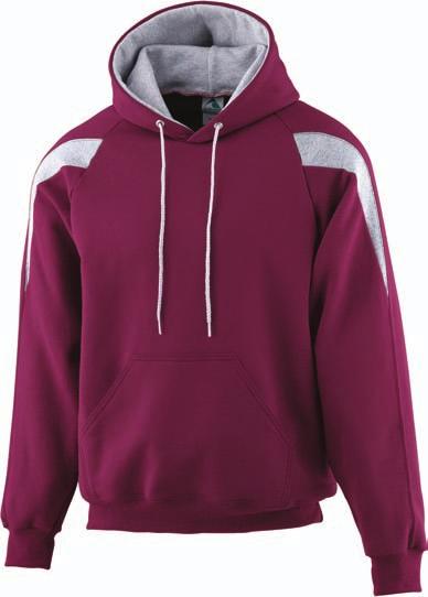 5250 5251 HEAVYWEIGHT COLOR BLOCK HOODED SWEATSHIRT 9 ounce 50% polyester/50% cotton athletic fleece Contrast color lined hood and sleeve inserts Drawcord in hood on Adult sizes only Raglan