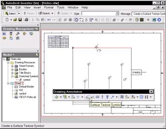 130 Updating Using Autodesk Inventor to Release 5 Leader Behavior In R5, you can place a leaderless symbol on an edge by double-clicking. By dragging off the symbol, you construct an extension line.