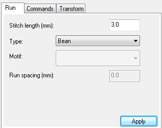 Change the Run stitch Type to a Bean stitch in the Properties field and click on Apply. 10. To reorganize the sewing order of the stems and veins, select those areas on the design.