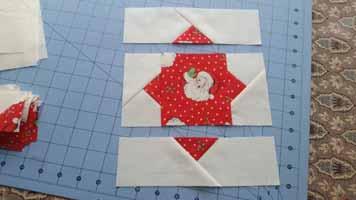 Next, stitch 2 sections from the 4 piece strip set onto two opposing sides of your center block: Then, on