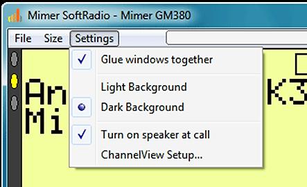Figure 15 Display settings for the VCH Glue windows together allows an operator to move the VCH, or multiple VCH panels together with the SoftRadio device panel as one.
