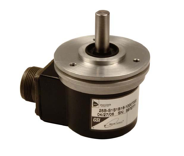 Model 25B-F/S/L Solid Shaft Low Line Incremental Optical Rotary Encoder DRC Encoder Up to 1250 line count disc Chrome on glass disc +/- 45 arc sec accuracy Optional internal 2X, 5X, or 10X cycle
