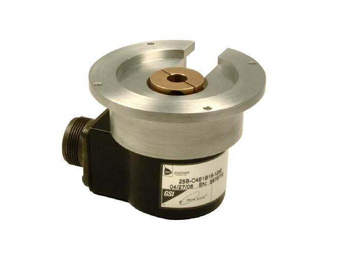 MODEL 25B-C/P Integral Shaft Coupling Low Line Count Incremental Optical Rotary Encoder Up to 1250 line count disc Chrome on glass disc +/- 45 arc arc accuracy 2 mounting flange configurations