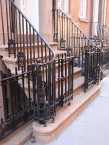 Railings: bands of scrolls or none, square or round spindles, cast midline bosses or none, triple spindle over