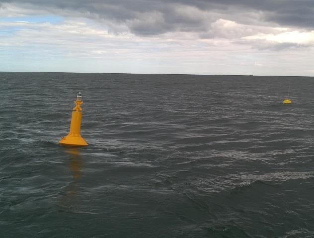 The seabed mooring at Scarborough consists of a Datawell shallow water mooring with 30 m rubber cord.