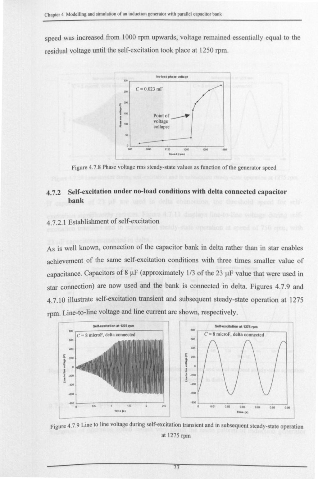 Chapter 4 Modelling and simulation of an induction generator with parallel capacitor bank speed was increased from 1000 rpm upwards, voltage remained essentially equal to the residual voltage until