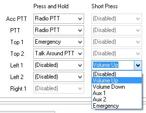 Short or Long Press choices Vol Up, Vol down, Aux 1, Aux 2, Emergency or disabled.