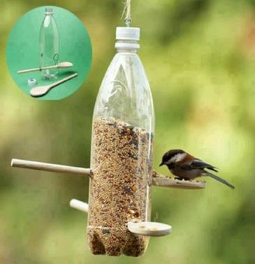 Recycled bird feeder The method: Make your very own bird feeder using materials you Plastic Bottle Scissors String Wooden spoon Bird food Top tip: Use small seeds that will trickle out of the holes