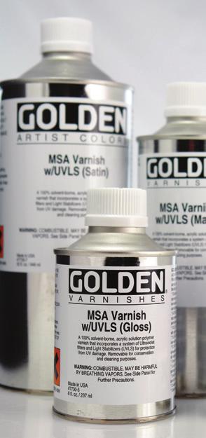 GOLDEN VARNISH & TOPCOATS Polymer Varnish with UVLS (7710 Gloss, 7715 Satin, 7720 Matte) is a waterborne acrylic polymer varnish that dust re sis tant surface over acrylic paint.