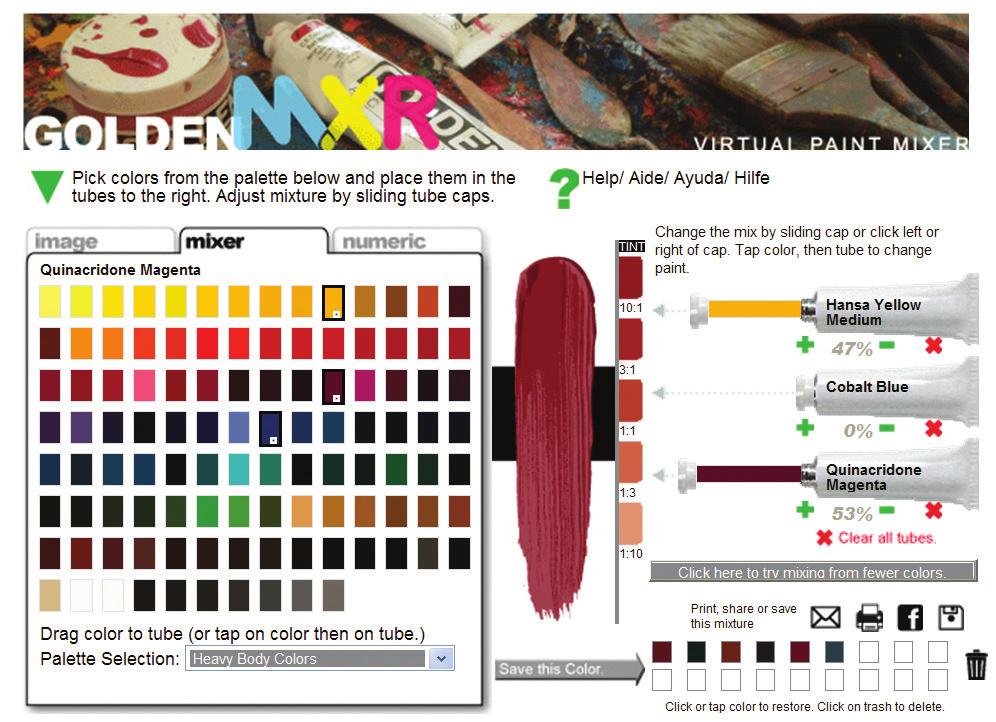 INTRODUCING GOLDEN VIRTUAL PAINT MIXER: An online tool available everywhere for free. With it, artists can mix paint colors without using paint.