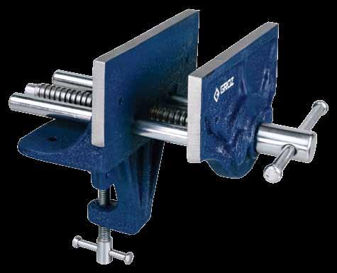 b) Additional clamping option via the 2.5/32 integrated clamp. This allows the vise to be conveniently clamped to any work surface.
