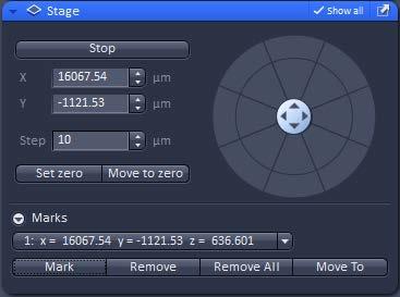 Using the Stage Tool The 780 allows you to manually control the stage via the joy stick or to use the software to control the stage. 1. x-y coordinates indicates stage position. 2.