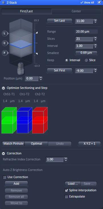 Z-stack Dialog 1 2 1. First/Last or Center Establish the stack acquisition parameters. 2. Optimize Sectioning and Step Ensure the pinholes are set to the same section thickness for multiple wavelengths.