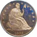 The obverse is the regular issue Seated Liberty die while the reverse is the regular perched eagle design with the motto IN GOD WE TRUST on a scroll above the eagle s head.