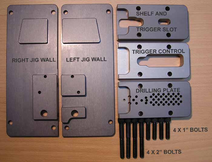 Parts Description: Your jig kit consists of a right and left jig wall, a drilling adapter plate, trigger / fire control milling adapter plate, shelf and