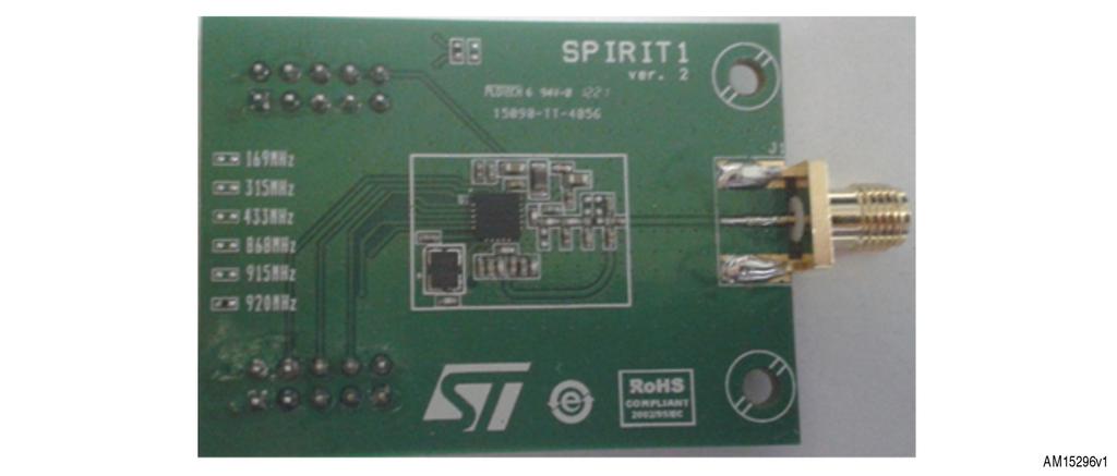 Application circuit 2 Application circuit Figure 1 shows the SPIRIT1 application board. The application is made up of 2 boards: a daughterboard and a motherboard.