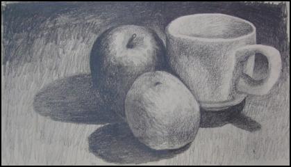 This is done by drawing the tonal values that are either on the object or behind the object (even if it is only space behind the object). Notice the lip of the cup in figure 7.