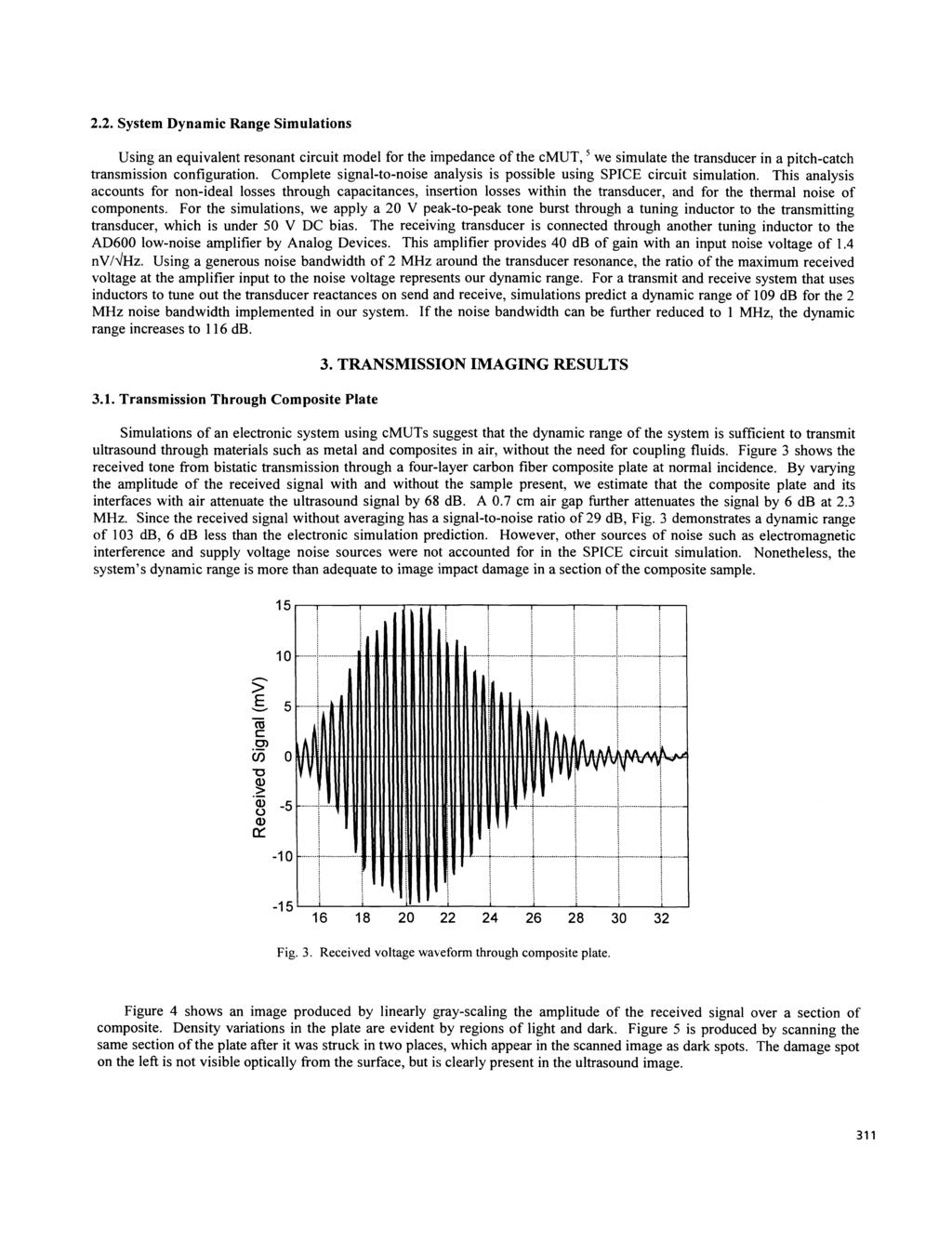 2.2. System Dynamic Range Simulations Using an equivalent resonant circuit model for the impedance of the cmut, we simulate the transducer in a pitch-catch transmission configuration.