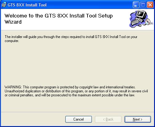 GTS 8XX Install Tool Installation 4. On the PC, locate the files GTS 8XX Install Tool.zip. Extract the files from the zip file.
