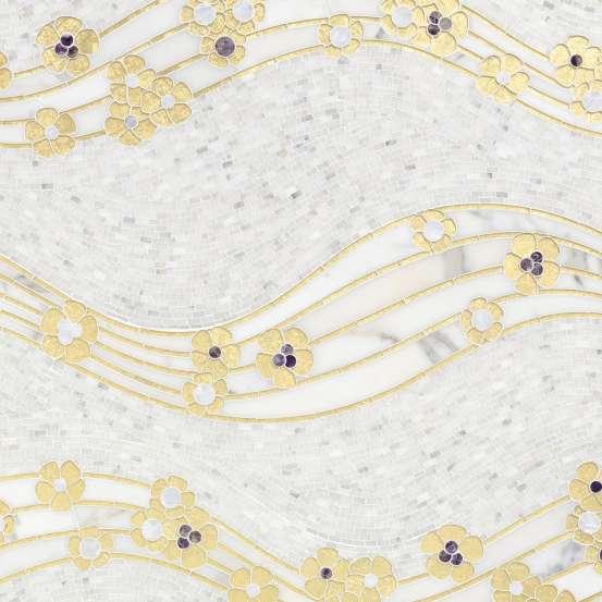 XANADU 4' 8' Calacatta Gold Polished - Calacatta Gold polished background Gold Leaf Glass gloss lines & petals Rivershell & Amethyst polished dots APPLICATIONS VARIATION TAILORED TO CUSTOMIZATION