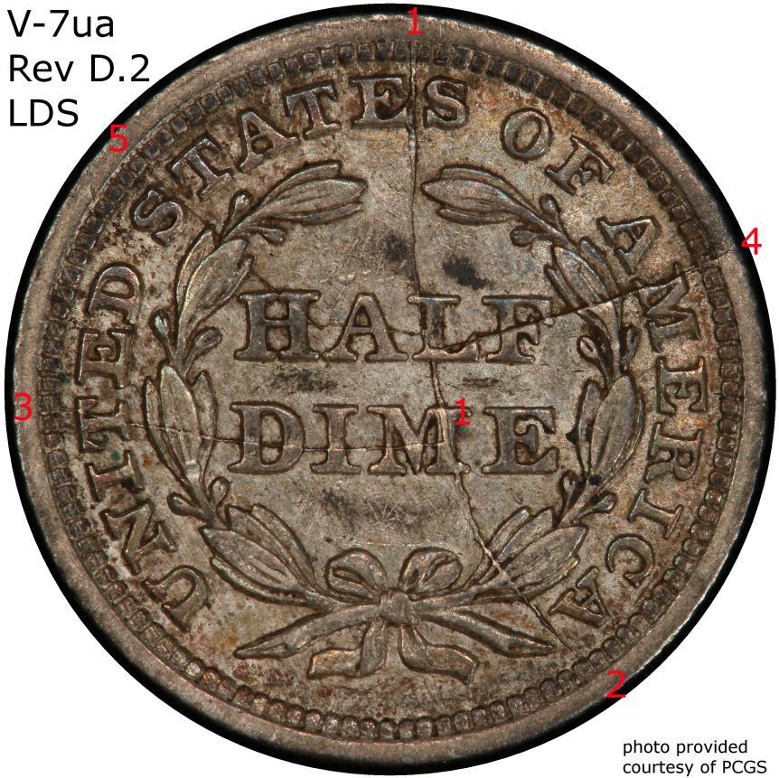 Common Reverse and Obverse cracks - photos V-2 Reverse B.1 partial cracks: 1. right dentil to A2 to F of HALF 2. A of HALF to M of DIME 3. A of HALF to upper left leaves (stops below clash) 4.