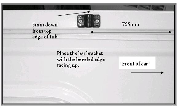 5. To fit the bar brackets, measure 735mm back from the inside front edge at the top of the tub and place them as shown in Figure 2. (15mm from top edge of tub).