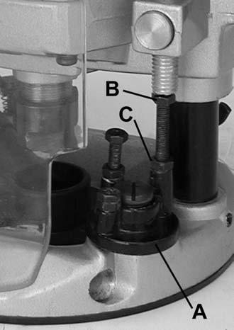 Now lower the depth adjust knob (B) until it makes contact with the adjusting hex bolt (C). The depth adjust knob can be moved rapidly by pressing the quick release button (D).