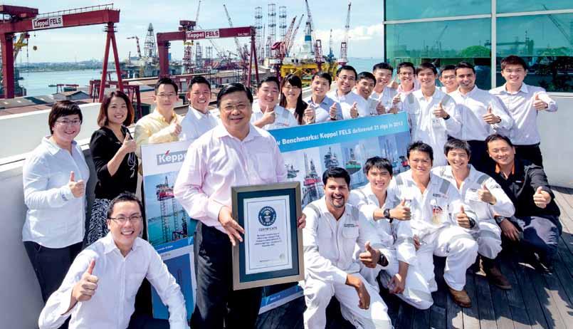 CENTRESPREAD Top of the league Keppel FELS has been conferred the title of Largest Manufacturer of Offshore Rigs Current by Guinness World Record for delivering 21 offshore rigs in 2013.