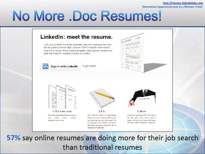 LinkedIn & Your Resume LinkedIn profile will take place of resume Resume, cover letter, etc in one Still works when you're