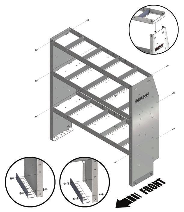 SHELF ASSEMBLY INSTRUCTIONS STEP 1. With the end panels resting on the floor, insert the top shelf into the bayonet clips. Mount the shelf such that the square hole faces front of the shelf unit.
