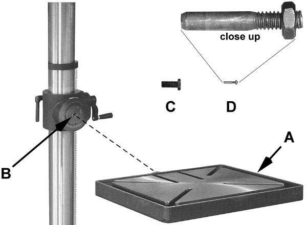 Have one person hold the table (A) against the bracket (B), aligning the hole in the mounting plate of the table with the threaded hole in bracket. 2.
