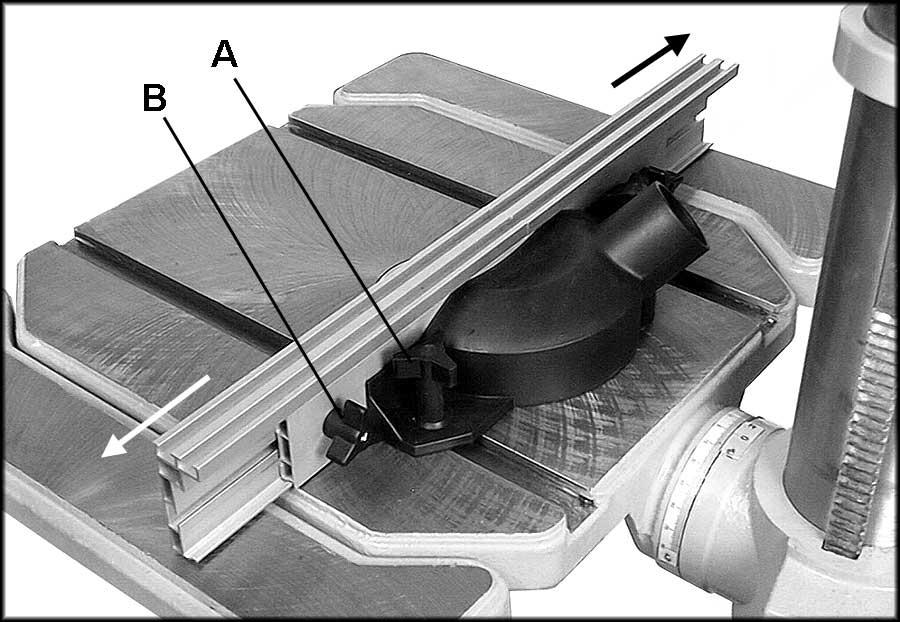 The fence assembly is secured by tightening the knobs (A, Figure 8). The fence can be expanded by loosening the smaller knobs (B, Figure 8) and sliding the fence halves outward.