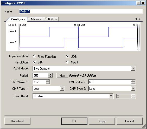 Component Parameters Drag a PWM component onto your design and double click it to open the Configure dialog. The dialog contains two main tabs: Configure and Advanced.