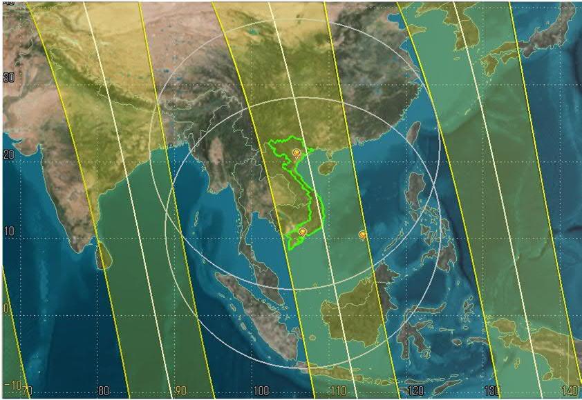Vietnam Orbit att. : around 600km Swath pitch:45deg Observable area will be fixed to yellow. No observation capability in non colored area Drawn EL for TTC: 5deg No.