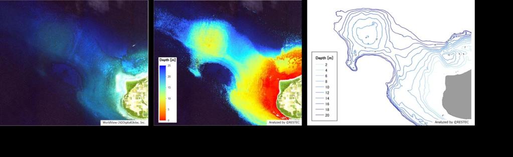 4.1.3 Application Field for Oceanographic Observation (1) Bathymetry By specializing the multiband wavelength of Very High Resolution optical sensor to blue and green bands, ocean bathymetry becomes