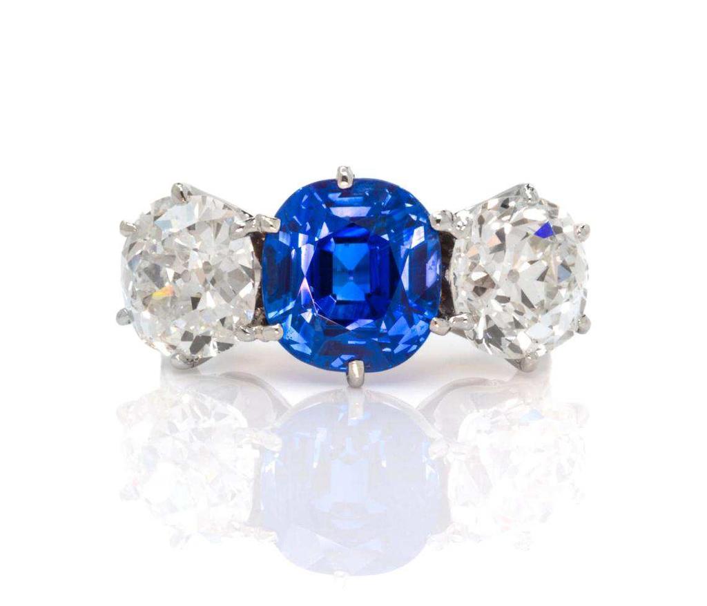 Lot 75 A Fine Platinum, Kashmir Sapphire and Diamond Ring, J.E. Caldwell, Circa 1910, containing one antique cushion cut sapphire weighing approximately 5.