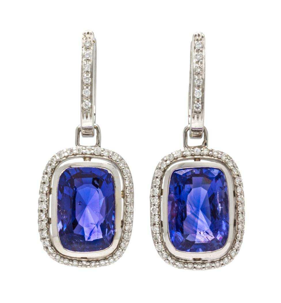 Lot 521 A Pair of 18 Karat White Gold, Color Change Sapphire and Diamond Pendant Earrings, Raima, consisting of two removeable pendants suspended from hoops containing two rectangular cushion cut