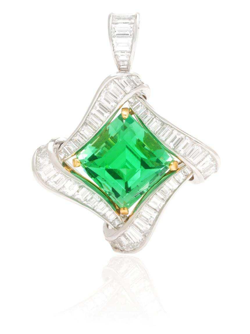 Lot 477 A Platinum, Yellow Gold, Mint Grossular Garnet, and Diamond Pendant, Van Cleef & Arpels, containing one square modified cut mint green grossular garnet weighing approximately 8.