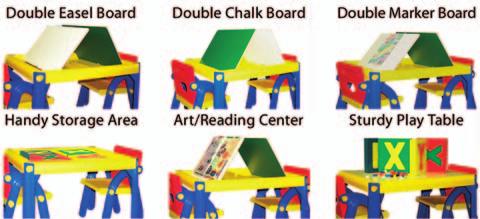 Features built in storage compartments, water and sand play areas and a special plastic stand alone drawing board. Includes two chairs. Table measures 24 W x 27 L x 18 H.
