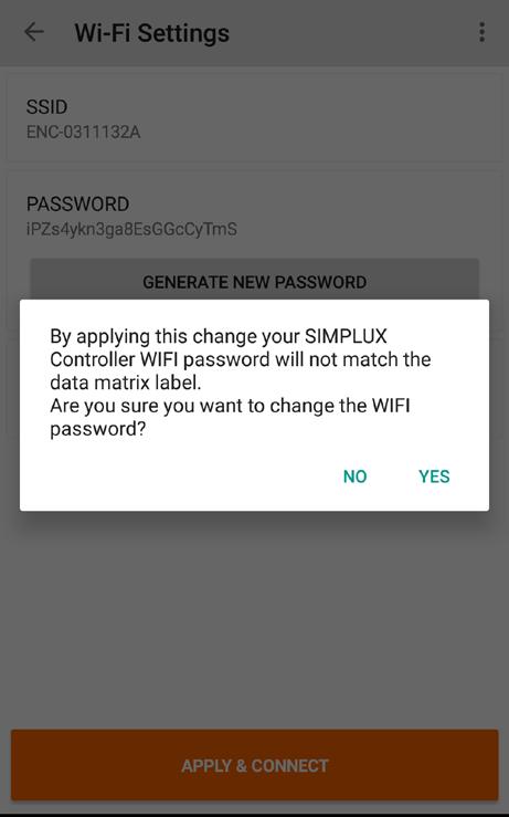 Upon completing APPLY & CONNECT, the newly generated Wi-Fi password will be stored in the SIMPLUX Controller.