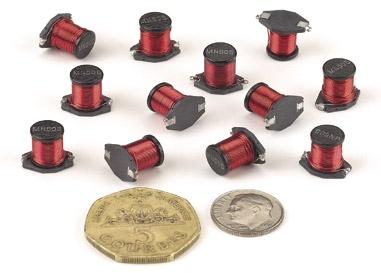 Inductors, Surface Mount, Power Tall MN505 Inductance from 10 to 1000 micro Henries Current from 4.2 Amps to 0.55 Amp. Small footprint. Withstands reflow temperature of 240 for 30 seconds.