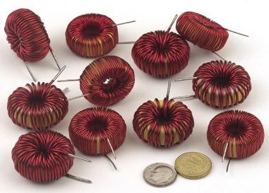 Toroidal Power Inductors MN356 EMI/RFI filter applications. Heavy duty construction. Inductance changes in a known pattern with load current. Non standard values available.